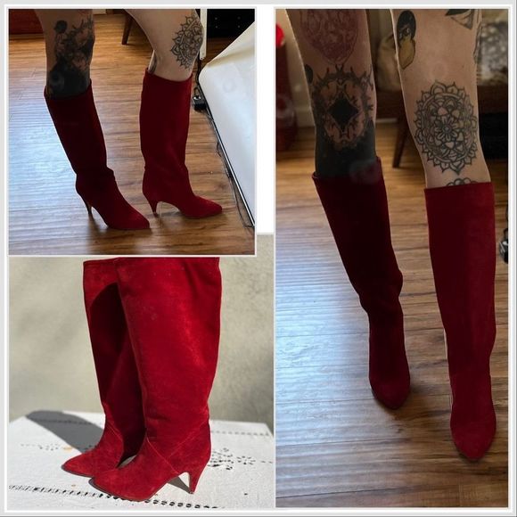 Vintage Suede Boots Size 8 Italian Red Leather Suede Knee High Stiletto Heel 3.2 - Picture 1 of 16
